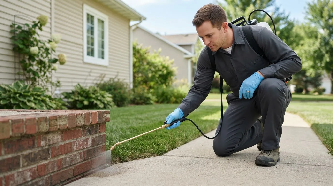 Pest control technician treating a home near Alamo, ND
