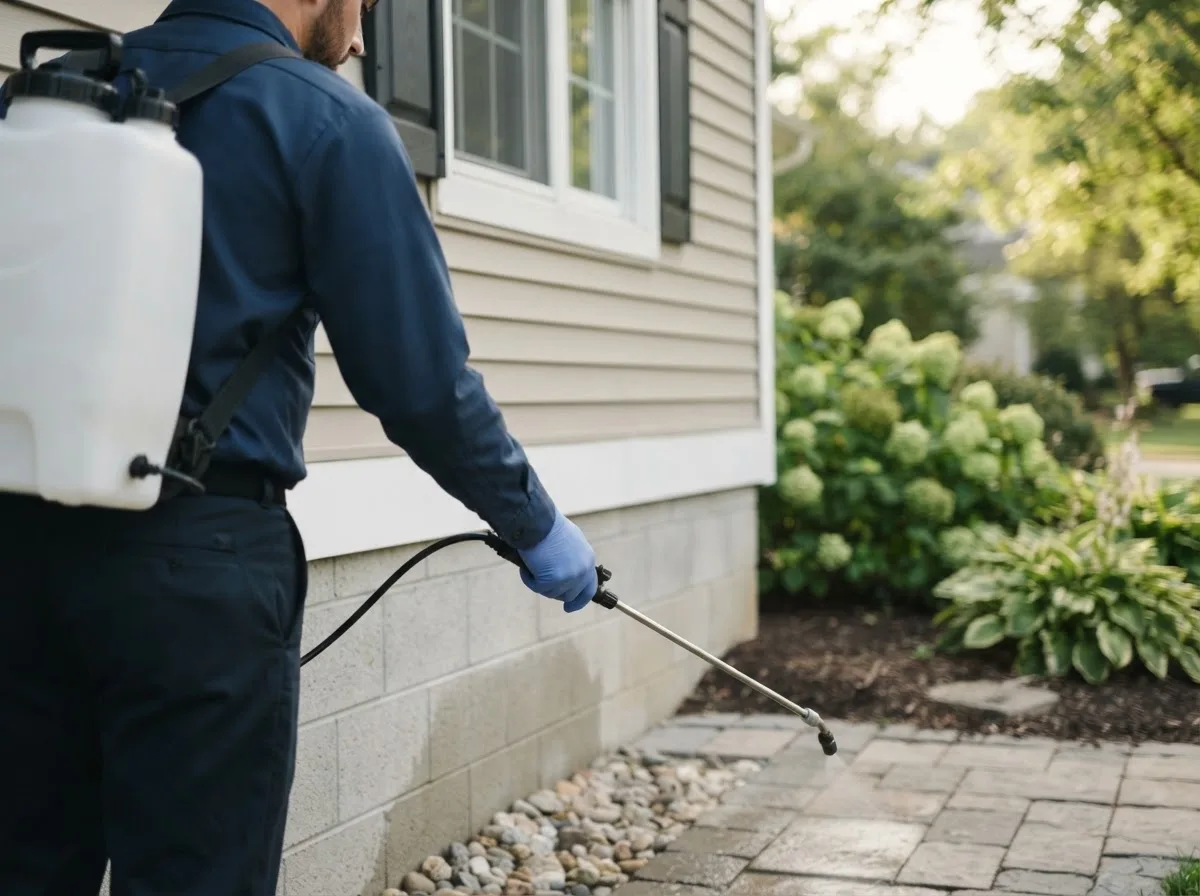 Pest control technician inspecting a home in Alamo, ND